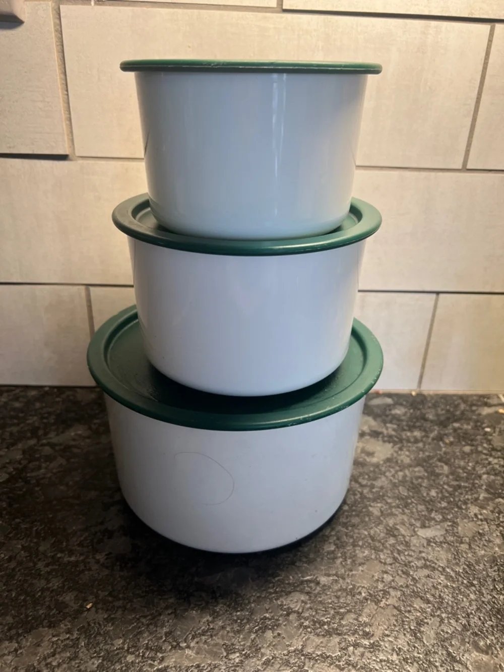 Tupperware set of 3 White canisters One Touch with Green Lids - 3-Piece Set